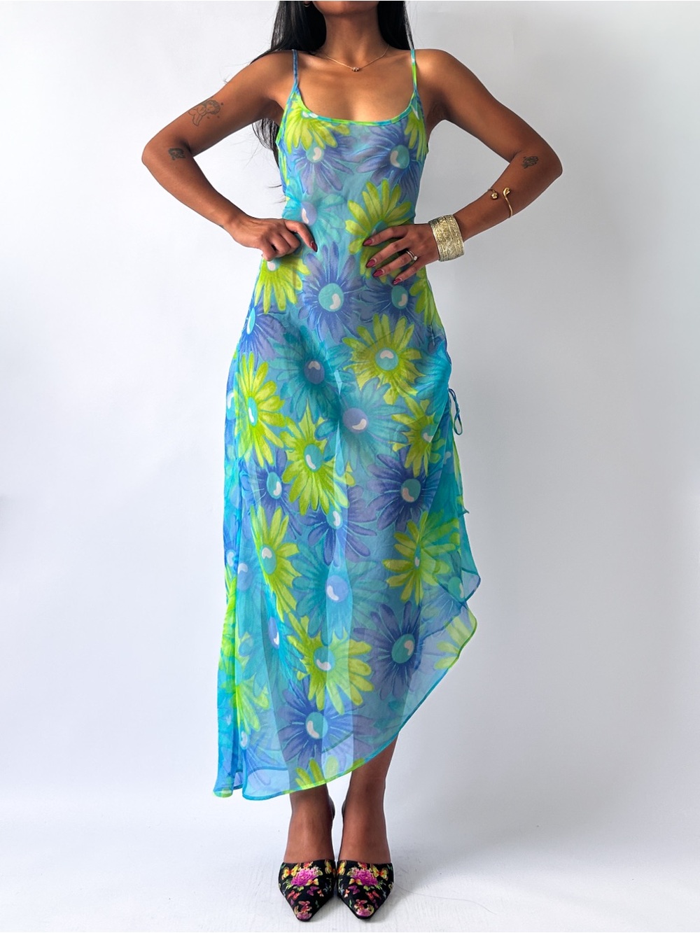Y2K La Senza Blue & Green Floral Asymmetrical Slip Dress - Size Small